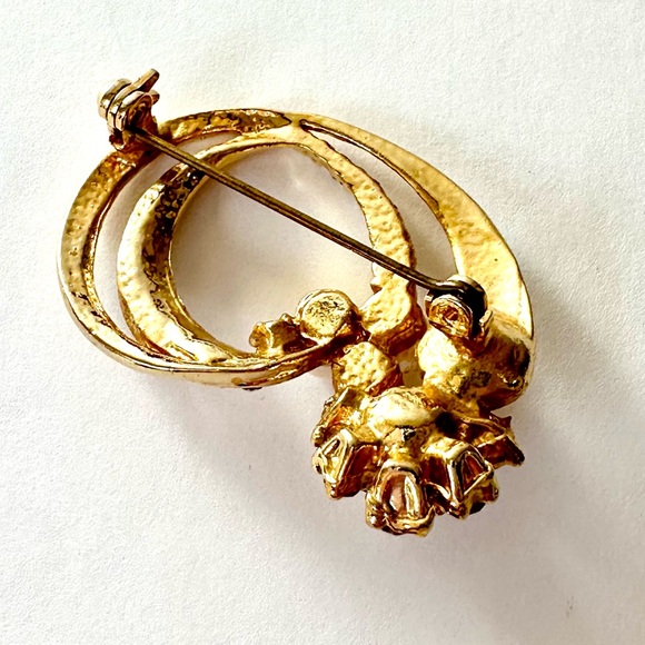 GOLD, FRESHWATER PEARL & RHINESTONE Brooch / Pin - Picture 5 of 6